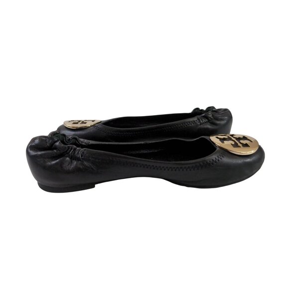 Tory Burch Reva Ballet Flats Shoe Womens 6 Black Slip On Metal Logo Travel Prepp - Picture 6 of 14